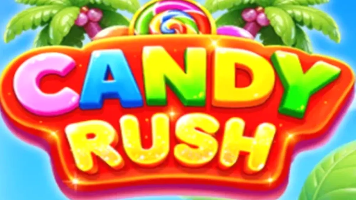 Candy Rush slot machine interface showing colorful candy symbols on a 7x7 grid.