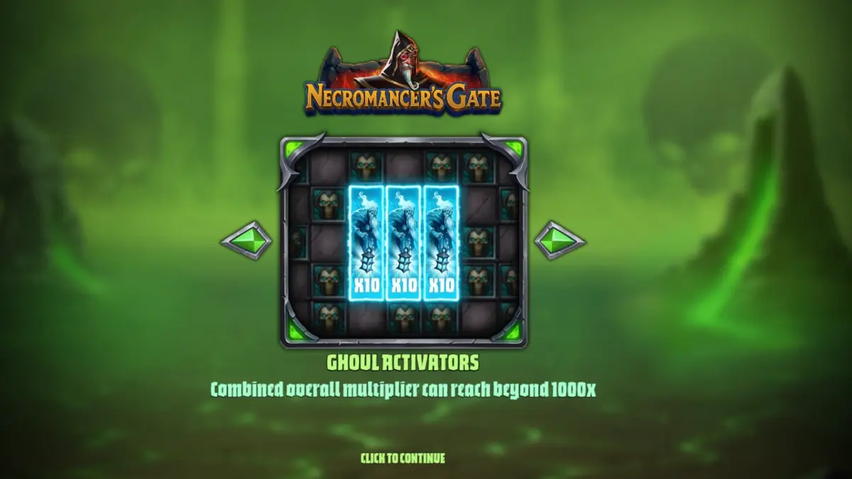 Ang Necromancer’s Gate slot na nagpapakita ng madilim na gothic theme at mga spectral na simbolo.