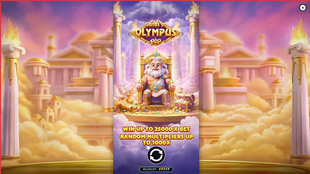 Ang interface ng Gates of Olympus POP slot na nagpapakita ng 3x5 grid at mga simbolo ng kayamanan.